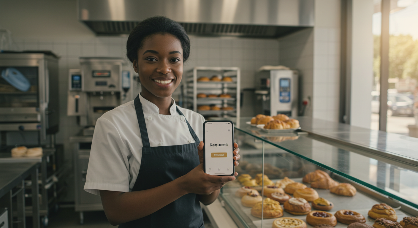 Baker with fresh made goods holding tablet